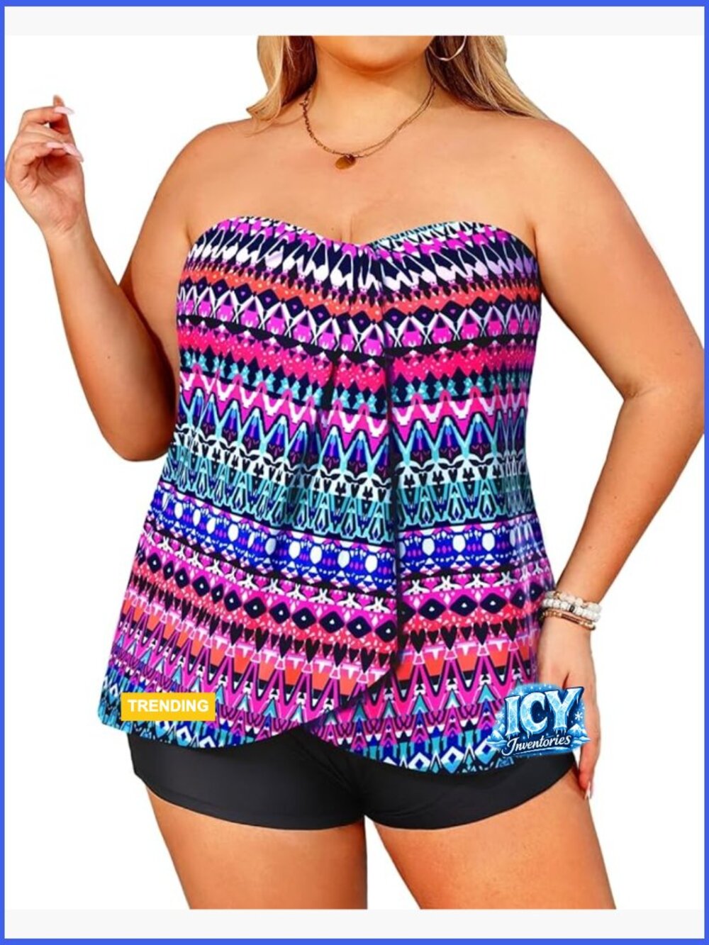 Plus Size Bandeau Tankini Swimsuit 2 Piece Halter Top with Shorts Tummy Control